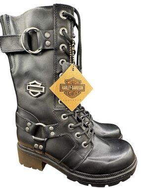 Harley-Davidson Black Leather Lace-Up Harness Moto Boots